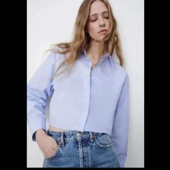 ZARA POPLIN BUTTON DOWN CROPPED SHIRT - Picture 5 of 6